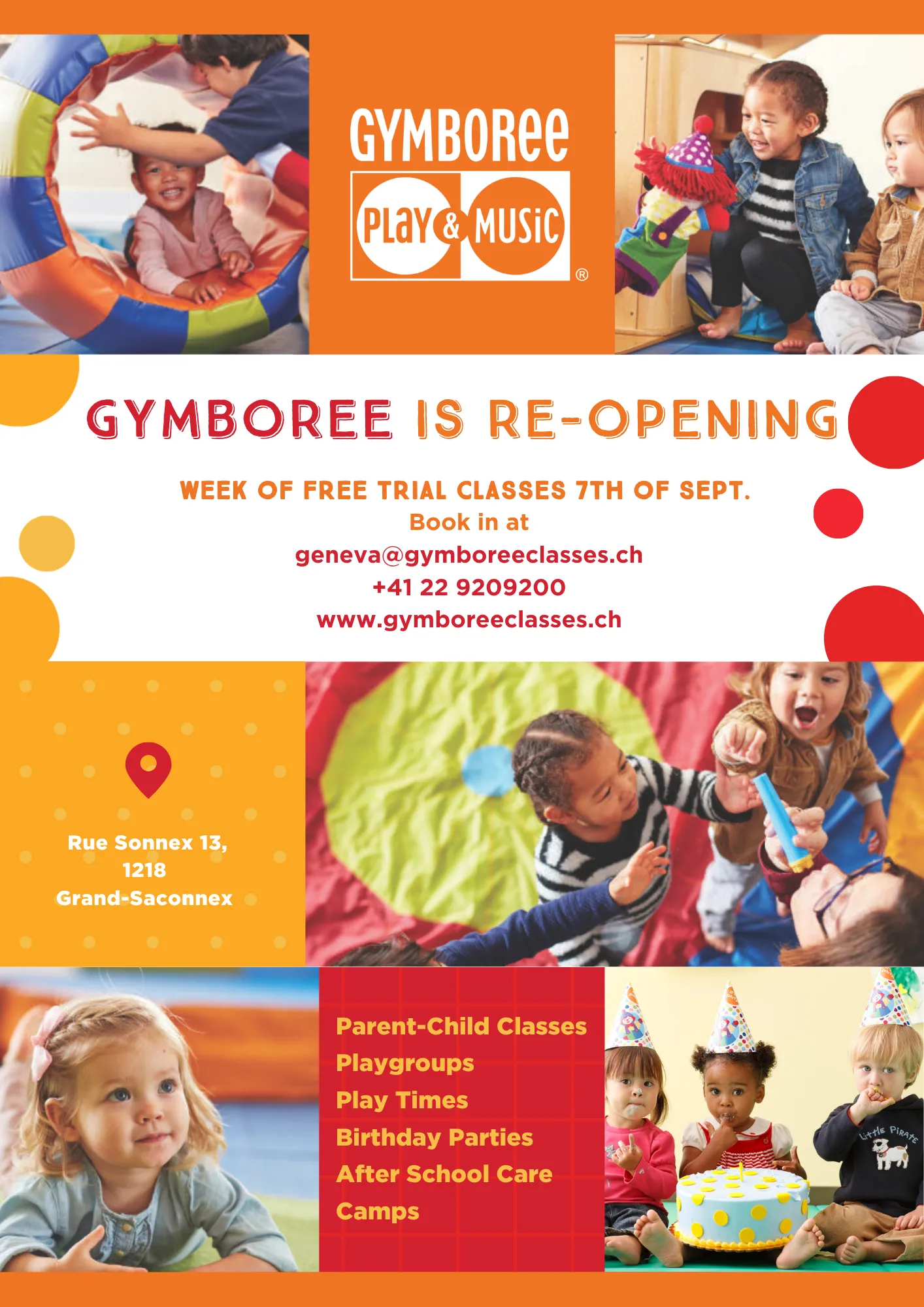 English Gymboree Geneva reopening flyer with class, booking and venue information surrounded by children's activity photographs