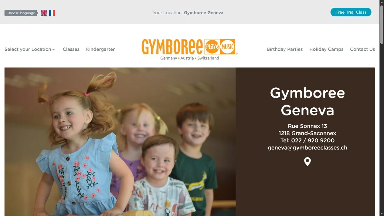 Gymboree Geneva — Screenshot of the public Geneva website, captured 5 September 2026.