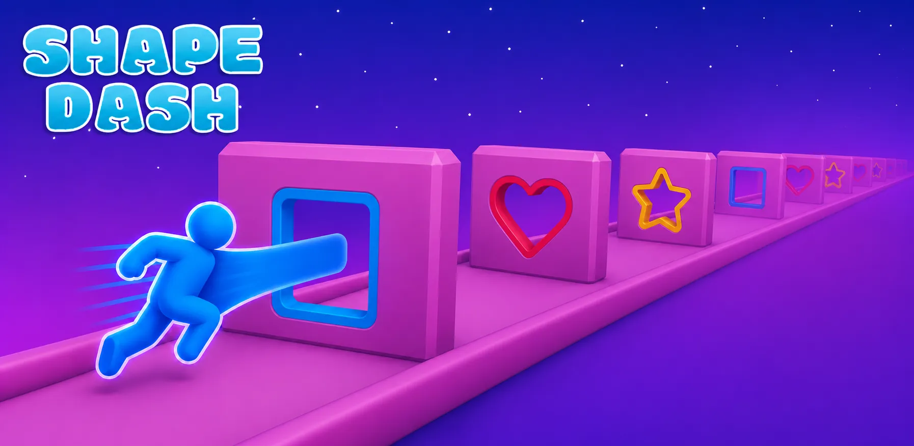 ShapeDash — Promotional artwork showing the runner changing shape to pass a row of obstacles.