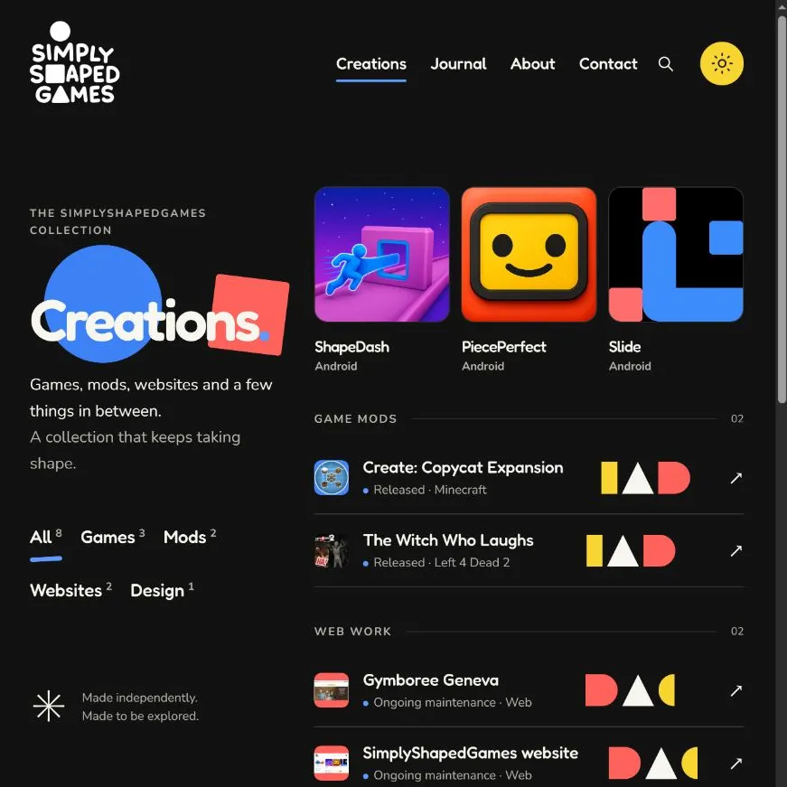 SimplyShapedGames website — project preview