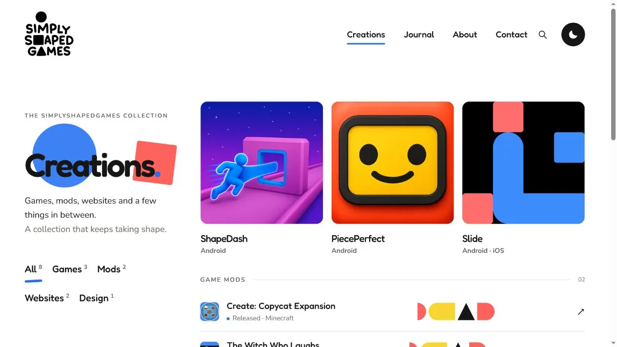 SimplyShapedGames website — Screenshot of this website's Creations page.